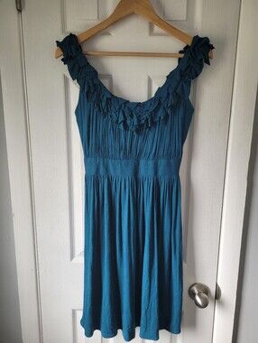 Carol Hannah Teal Ruffle Empire Waist Dress Small Rare Designer Boho Romantic
